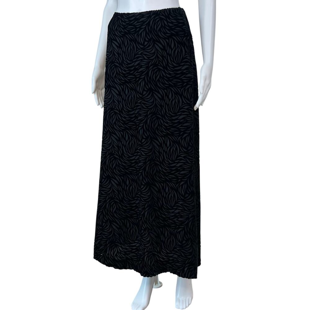 Vintage Rena Rowan Black Patterned Burnout Silk Velvet Midi Skirt (Sz 6)